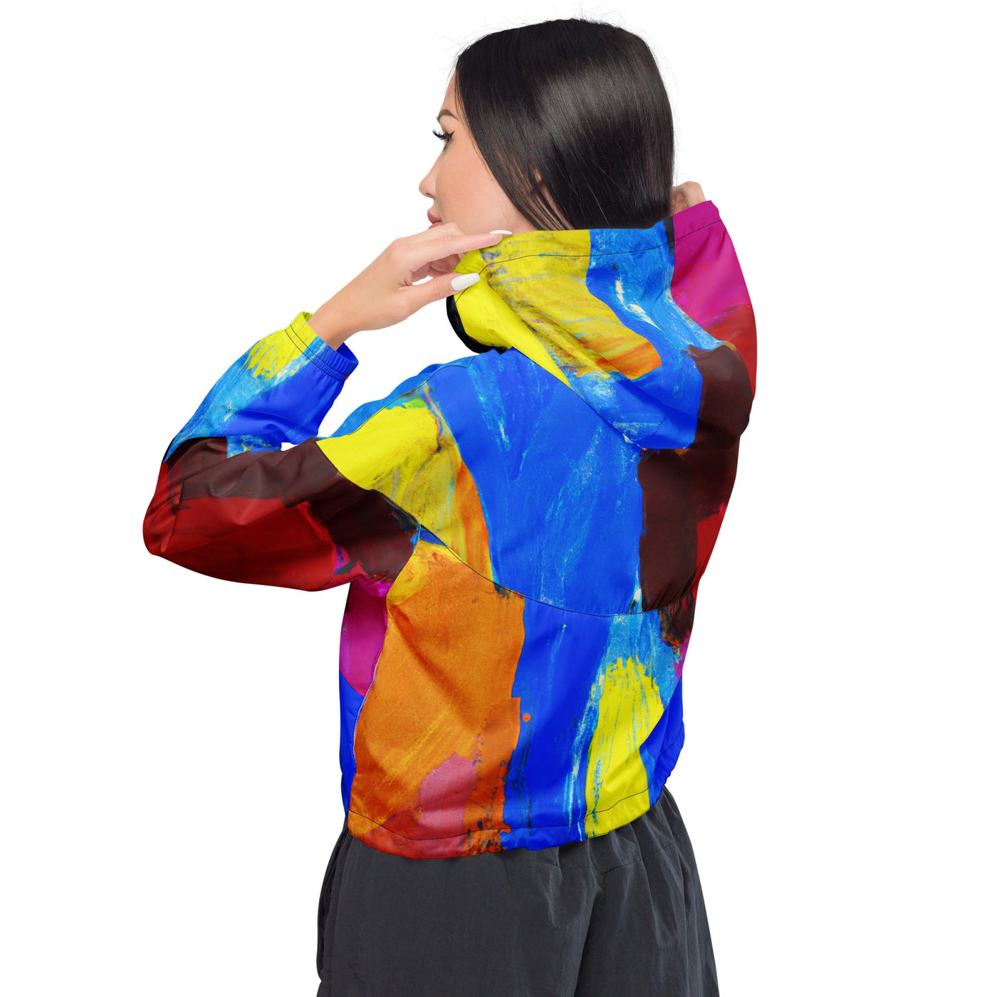 Womens Cropped Windbreaker Jacket, Blue Red Abstract Pattern