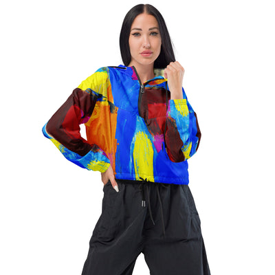 Womens Cropped Windbreaker Jacket, Blue Red Abstract Pattern