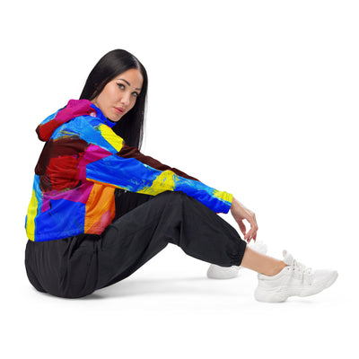 Womens Cropped Windbreaker Jacket, Blue Red Abstract Pattern