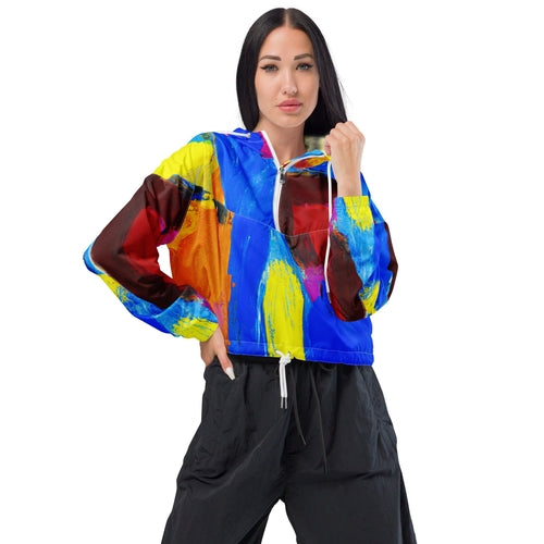 Womens Cropped Windbreaker Jacket, Blue Red Abstract Pattern