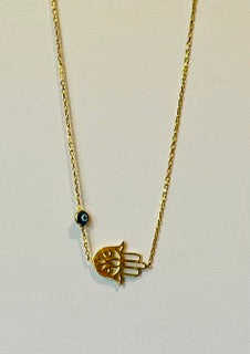 Sideways Hamsa Sterling Silver Necklace with Evil Eye